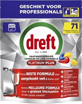 Dreft Dreft Pro Platinum Plus vaatwastabletten, Lemon, pak van 71 capsules