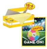 Post-it Actie Post-It: 1 x Notes, 100 vel, 76x76, kanariegeel, pak van 18 (+6 gratis) + 1 x GRATIS voetbal