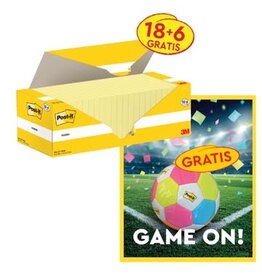 Post-it Actie Post-It: 1 x Notes, 100 vel, 76x76, kanariegeel, pak van 18 (+6 gratis) + 1 x GRATIS voetbal