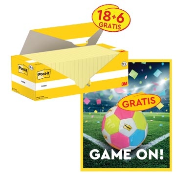 Post-it Actie Post-It: 1 x Notes, 100 vel, 76x76, kanariegeel, pak van 18 (+6 gratis) + 1 x GRATIS voetbal