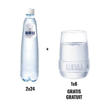 ACTIE BRU: 2 x Bru lichtsprankelend water, 50 cl, pak van 24 stuks + 1 x Bru glazen, 6 stuks