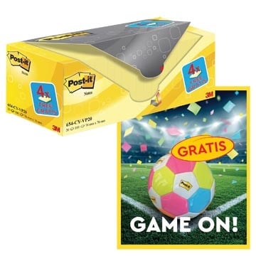 Post-It Notes Actie Post-It: 1 x Notes, 100 vel, 76x76, geel, pak van 16 (+ 4 gratis) +1 x GRATIS voetbal