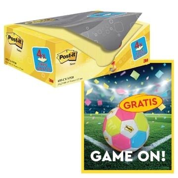Post-It Notes Actie Post-It: 1 x Notes, 100 vel, 76x127, geel, pak van 16 (+4 gratis) + 1 x GRATIS voetbal