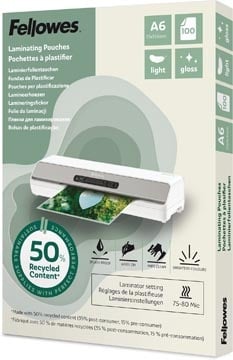 Fellowes lamineerhoes 50 % gerecycleerd, glanzend, ft A6, pak van 100 stuks