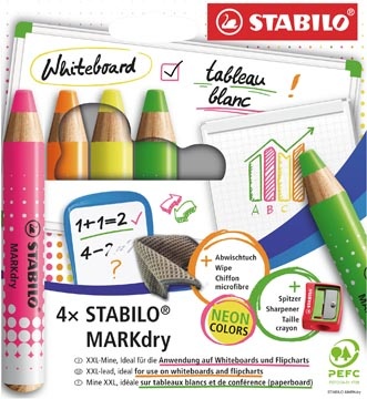 Stabilo STABILO MARKdry potlood voor whiteboards, etui van 4 stuks in geassorteerde neon kleuren