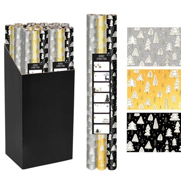 Merkloos Geschenkpapier Kerst, 70 cm x 2 m, zwart, goud, zilver, pak van 3 stuks