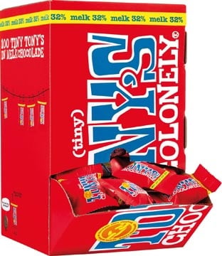 Tony's Chocolonely Tony's Chocolonely mini chocoladereep, 900g, doos van 100 stuks apart verpakt, melk