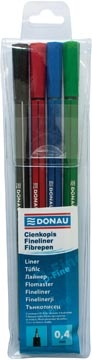 DONAU DONAU D-fine fineliner, 0,4 mm, etui van 4 stuks, geassorteerde kleuren