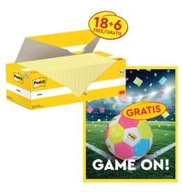 Post-it Actie Post-It: 1 x Notes, 100 vel, 76x127, kanariegeel, pak van 18 (+6 gratis) + 1 x GRATIS voetbal