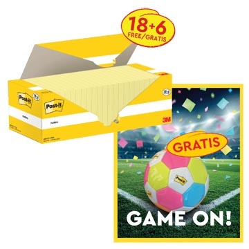 Post-it Actie Post-It: 1 x Notes, 100 vel, 76x127, kanariegeel, pak van 18 (+6 gratis) + 1 x GRATIS voetbal