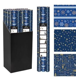 Merkloos Geschenkpapier Kerst, 70 cm x 2 m, blauw, pak van 3 stuks