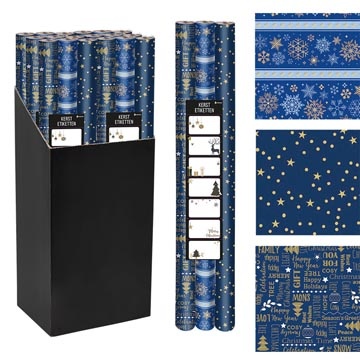 Merkloos Geschenkpapier Kerst, 70 cm x 2 m, blauw, pak van 3 stuks