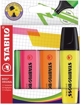 Stabilo STABILO BOSS ORIGINAL markeerstift, kartonnen etui van 4 stuks in geassorteerde kleuren