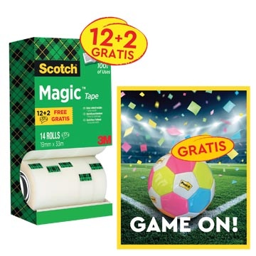 Post-It Super Sticky Actie Scotch: 1 x Plakband Scotch Magic Tape, pak van 12 (+2 gratis) + 1 x GRATIS voetbal