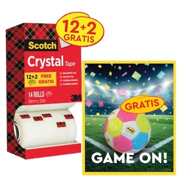 Post-It Super Sticky Actie Scotch: 1 x Plakband Crystal ft 19x33 m, pak van 12 (+2 gratis) + 1 x GRATIS voetbal