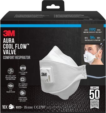 3M 3M Aura Comfort Cool Flow stofmasker, FFP2, met ventiel, pak van 10 stuks