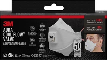 3M 3M Aura Comfort Cool Flow stofmasker, FFP3, met ventiel, pak van 5 stuks