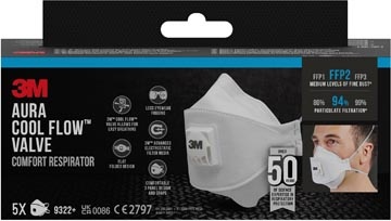 3M 3M Aura Comfort Cool Flow stofmasker, FFP2, met ventiel, pak van 5 stuks