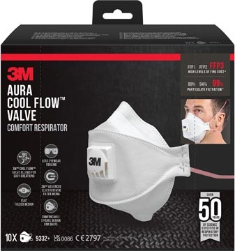 3M 3M Aura Comfort Cool Flow stofmasker, FFP3, met ventiel, pak van 10 stuks