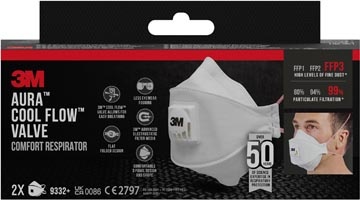 3M 3M Aura Comfort Cool Flow stofmasker, FFP3, met ventiel, pak van 2 stuks