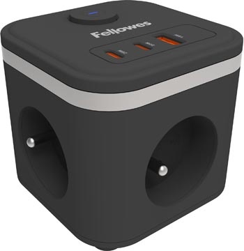 Fellowes contactdoos Power Cube, 3 stopcontacten + 1 x USB-A + 2 x USB-C, zwart, voor België