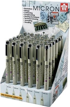 Sakura Sakura fineliner Pigma Micron zwart, display met 36 stuks met geassorteerde schrijfbreedtes