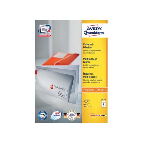 Avery Zweckform Avery Zweckform 3427, Universele etiketten, Ultragrip, wit, 100 vel, 8 per vel, 105 x 74 mm