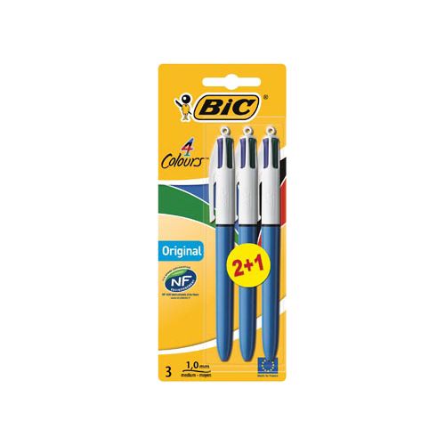 Bic Bic Colours Original 4-kleurenbalpen, medium, klassieke inktkleuren, blauw, op blister 2+1 gratis