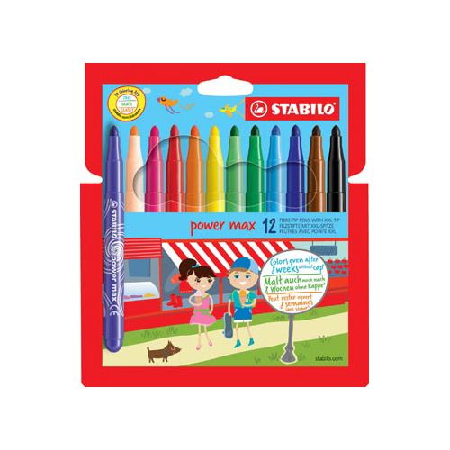 Stabilo STABILO power max viltstift, etui van 12 stuks in geassorteerde kleuren