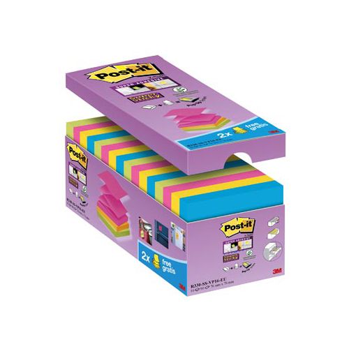 Post-It Super Sticky Post-it Super Sticky Z-notes, 90 vel, ft 76 x 76 mm, doos van 14 + 2 gratis, geassorteerde kleuren