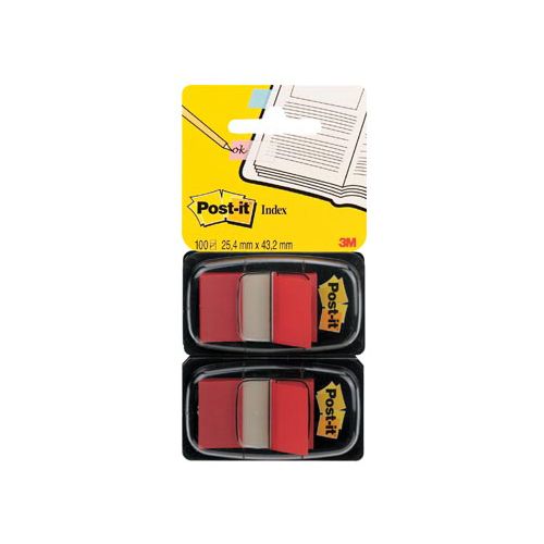 Post-it Post-it index standaard, ft 24,4 x 43,2 mm, houder met 2 x 50 tabs, rood