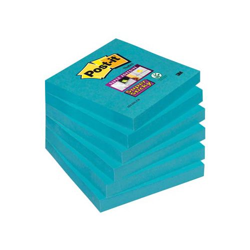 Post-It Super Sticky Post-it Super Sticky notes, 90 vel, ft 76 x 76 mm, pak van 6 blokken, blauw (paradise blue)