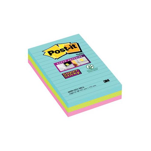 Post-It Super Sticky Post-it Super Sticky Notes XXL Cosmic, 90 vel, ft 101 X 152 mm, gelijnd, geassorteerde kleuren, pak van 3