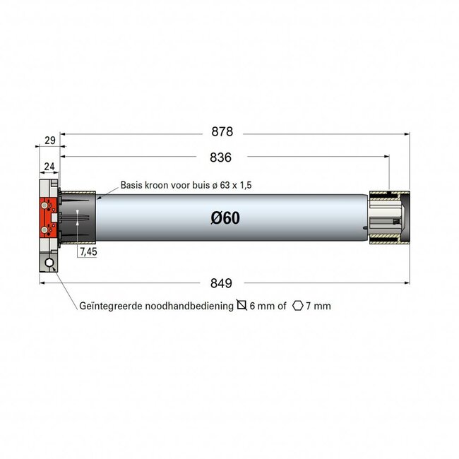 Simu T6 DMI tubular motor with emergency hand control and integrated receiver