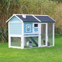 Konijnenhok met ren 2 etages blauw/wit | 156 x 110 x 80 cm