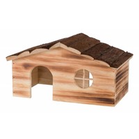 Houten huis Ragna gevlamd met 2 ingangen voor dwergkonijnen en grote knaagdieren