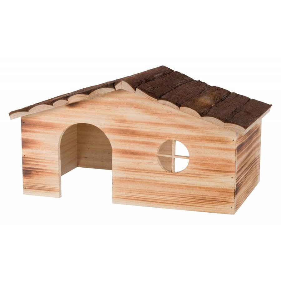 Houten huis Ragna gevlamd met 2 ingangen voor dwergkonijnen en grote knaagdieren