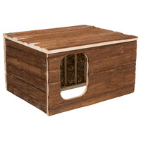 Houten huis met hooiruif schorshout voor cavia en dwergkonijn