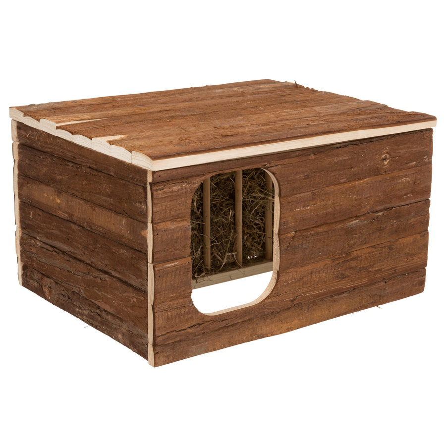 Houten huis met hooiruif schorshout voor cavia en dwergkonijn