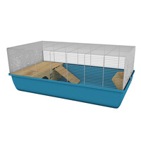 Kleine dierenverblijf blauw XL met houten huisje, trap en hooiruif