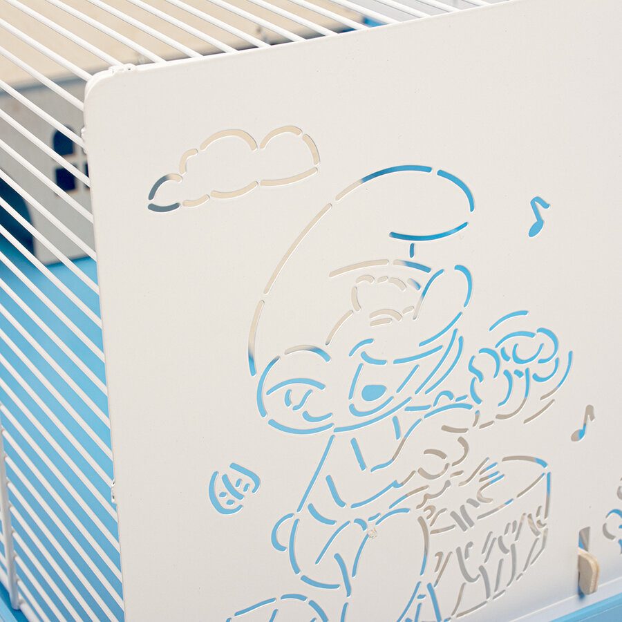 Kleine dierenverblijf blauw XL met houten huisje, trap en hooiruif