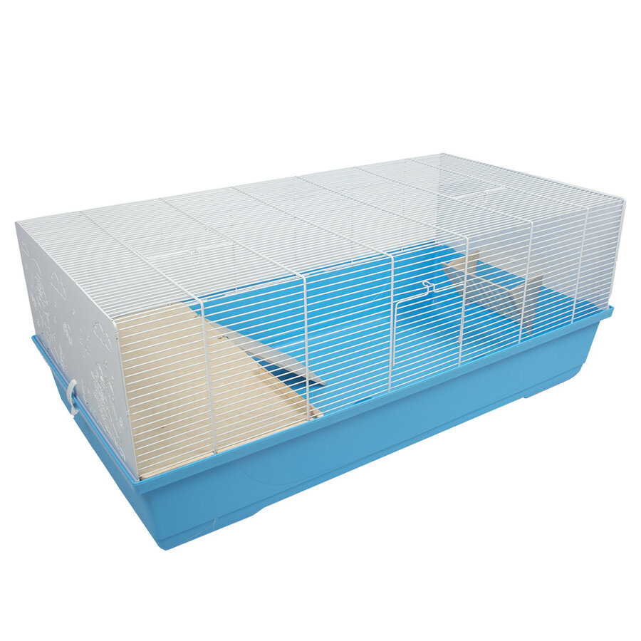Kleine dierenverblijf blauw XL met houten huisje, trap en hooiruif