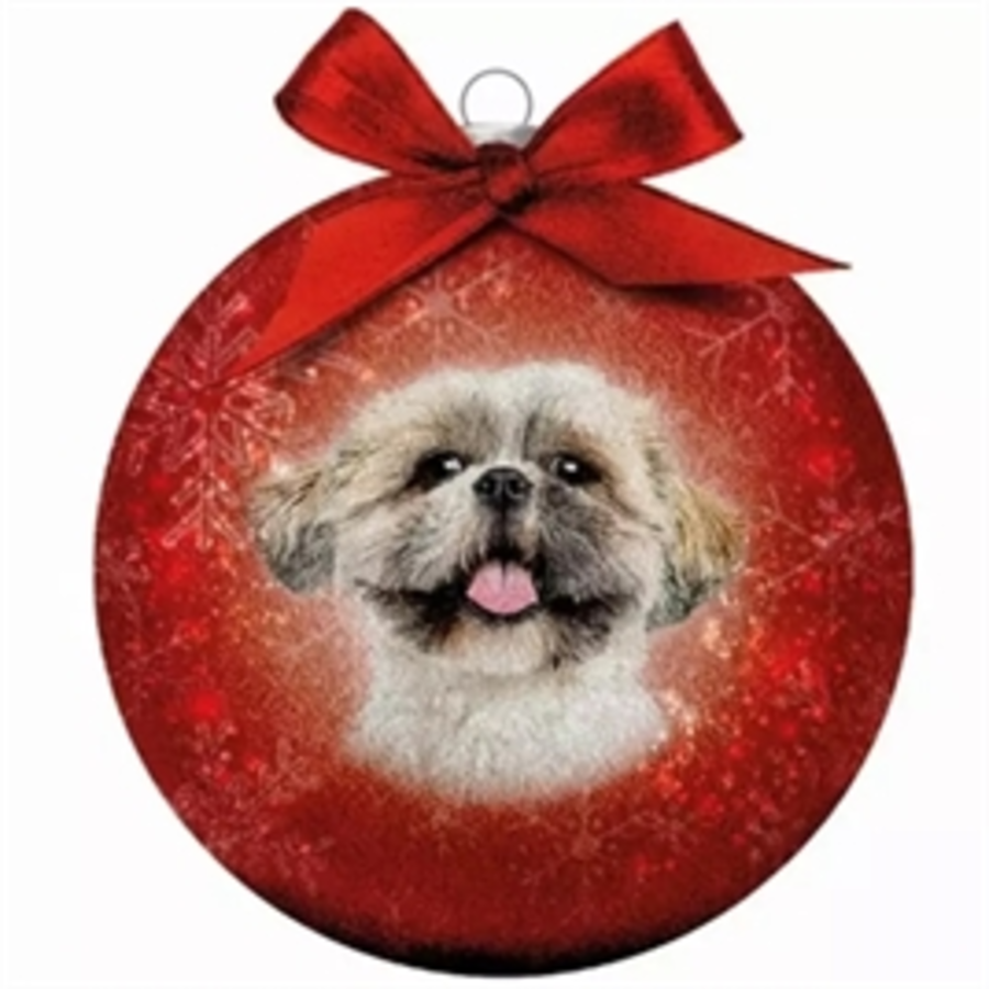 Kerstbal Frosted Shih Tzu Rood 10CM