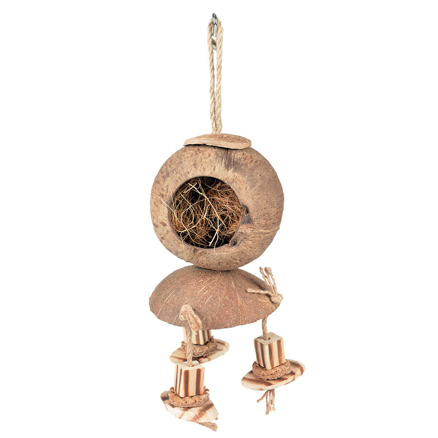 Kokosnoot Jungle House met houten blokken voor vogels en kleine knaagdieren