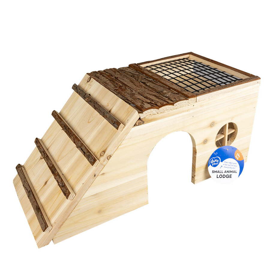 Houten schuilhuis met groendak voor konijnen en knaagdieren