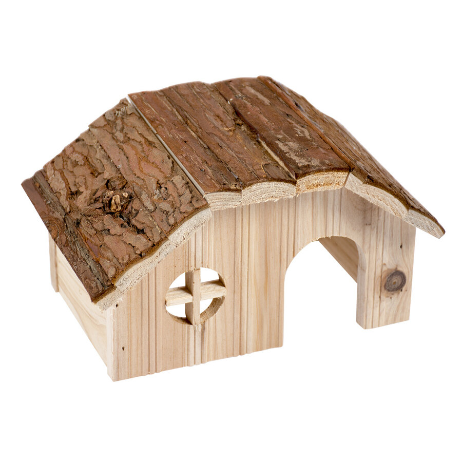 Houten lodge met schorsdak voor knaagdieren