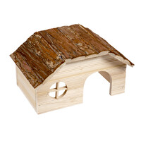Houten lodge met schorsdak voor knaagdieren
