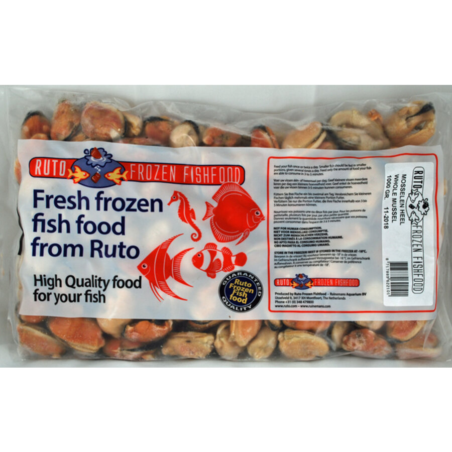 Hele mossels diepvriesvoer | 1000 gram flatpack | voor aquariumvissen