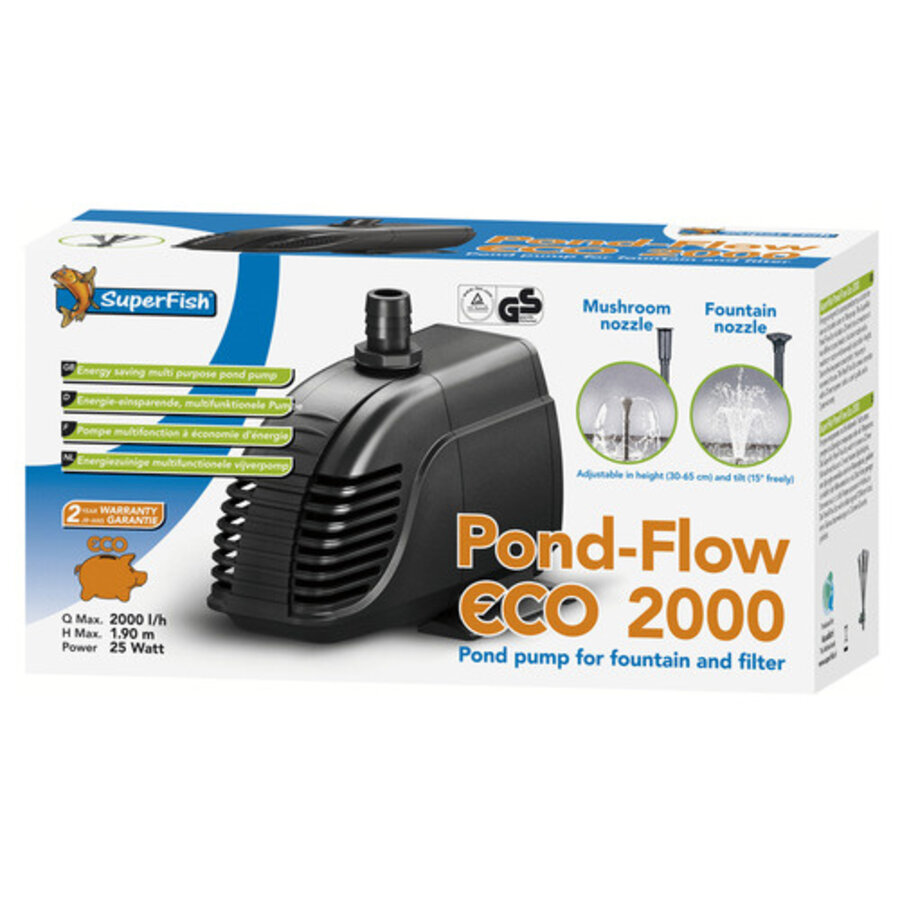 Pond Flow Eco 2000 vijverpomp 2000 l/h met 25W verbruik voor fontein en filter
