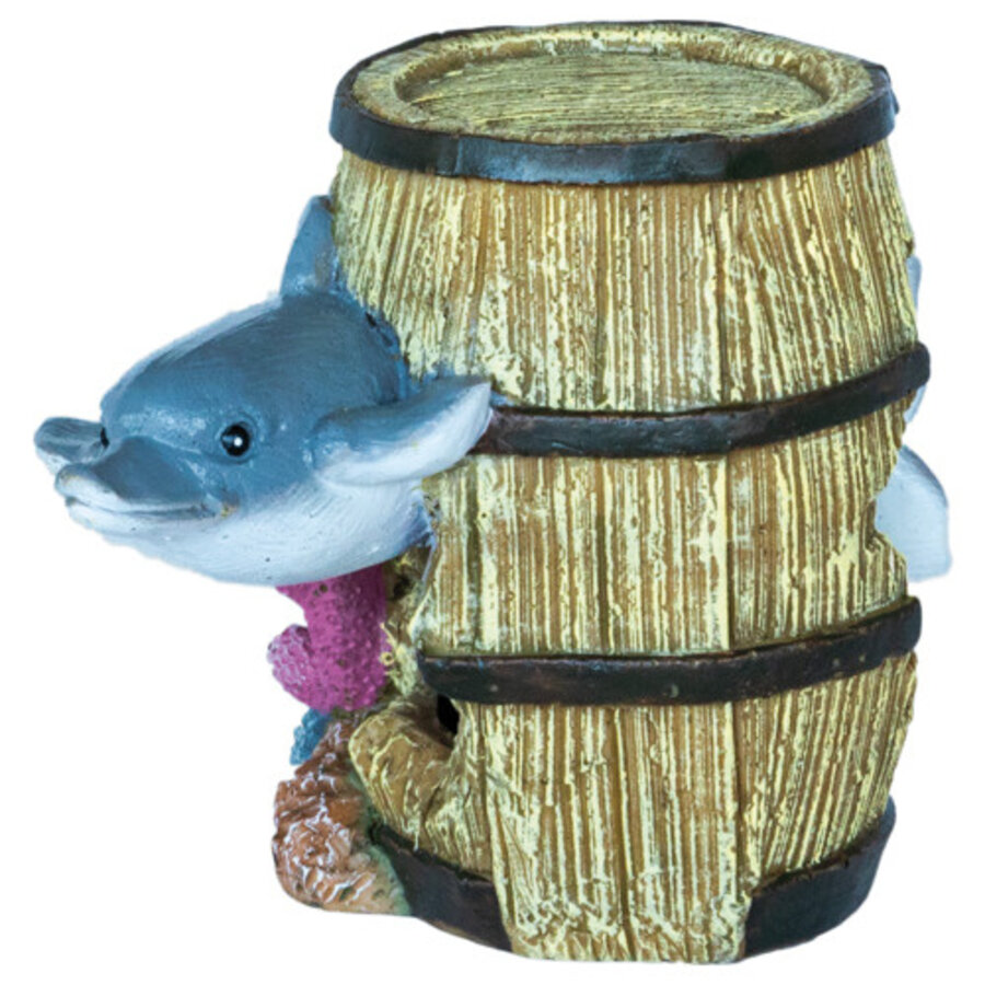 Deco Barrel met dolfijn | aquarium- en terrariumornament met schuilplek 13 x 10 x 12 cm